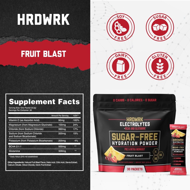 HRDWRK Electrolytes Powder Packets with Magnesium, Potassium Sodium, Keto Hydration