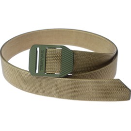 Trayvax Tactical Belt, Tan Nylon Web Cinch Belt for Men and Women, Outdoor Hiking and Military Accessories, CNC Machined, OD Green Buckle