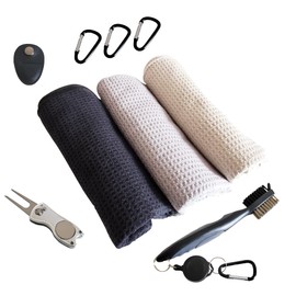 Golf Towel Magnetic + Golf Club Brush + Divot Tool Set - 3 x Golf Towel 60 x 40 cm Microfibre Golf Towels Waffle Pattern with Magnetic Clip (Pitchfork Silver)