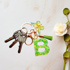 SANLONGXL Cute Initial Letter Keychains for Women Girls Tassel Butterfly Pink Purple Green Keychain for Backpack School Bag (D-Green)