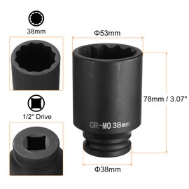 sourcing map 12-Point Deep Impact Socket 1/2 Inch Drive 38mm Metric Chrome Molybdenum Alloy Steel Spindle Axle Nut Impact Socket