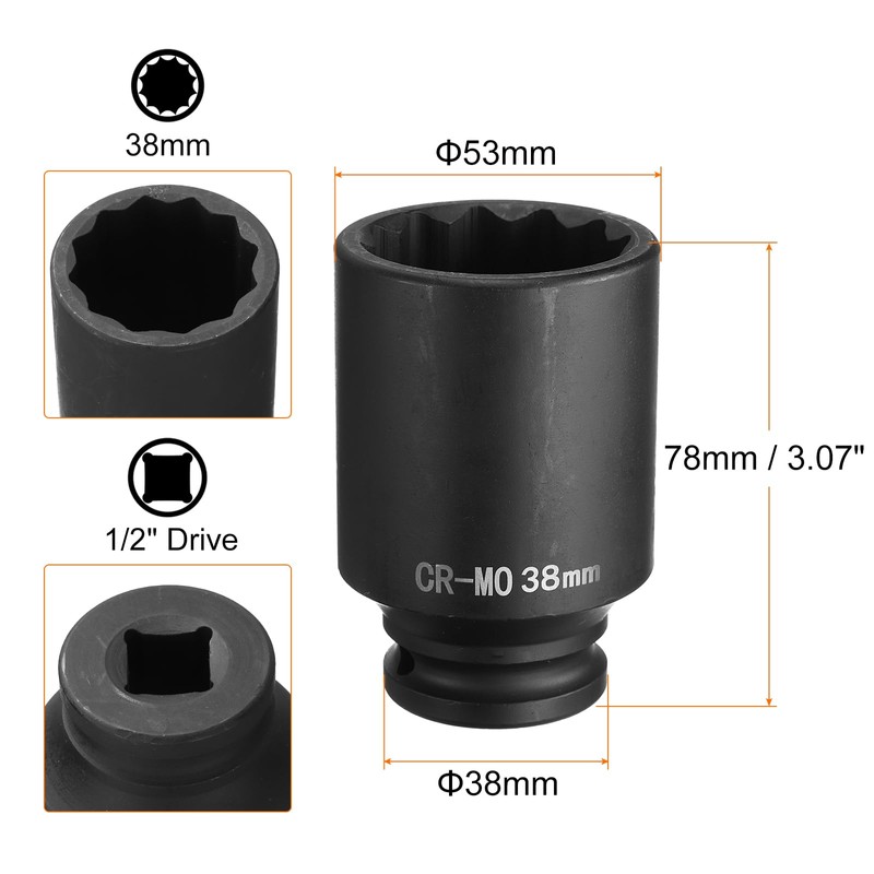 sourcing map 12-Point Deep Impact Socket 1/2 Inch Drive 38mm