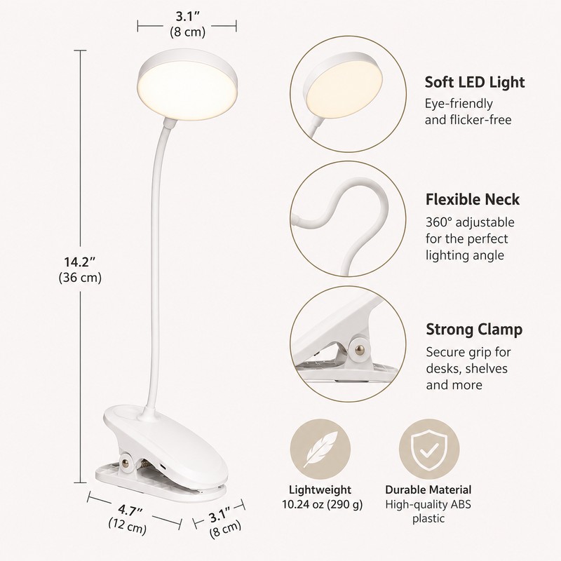 Clip-On LED Reading Light for Dorm Room & Bedside –