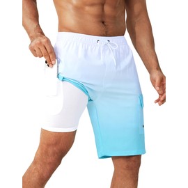 SILKWORLD Mens Swim Trunks 9" Swimming Shorts Quick-Dry Bathing Suits with Compression Liner and Cargo Pockets Gradient White Blue X-Large
