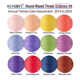 KIVISIN 10-Year Popular Assorted Colors Round Waxed Thread -0.55mm 70 Yards 12 Spools Stiff Polyester Wax Cord for Beading, Leather Sewing, Bookbinding, Bracelets Braiding, Micro Macrame Craft Making