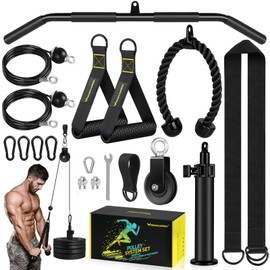 RENRANRING Pulley System, Weight Cable Pulley System for Home Gym,Cable Machine Attachment with 2 in 1 LAT Pull Down Bar,Tricep Rope,Long Strap,Exercise Handles for Biceps Curl, Forearm