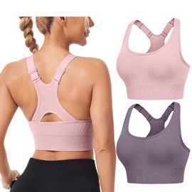 HANERDUN Sports Bra Women's Adjustable Wide Shoulder Strap Bustier Crossback Push Up Yoga Bra Seamless Without Underwire with Removable Padded for Fitness Running Jogging, 2 Pieces- (Purple+Pink)