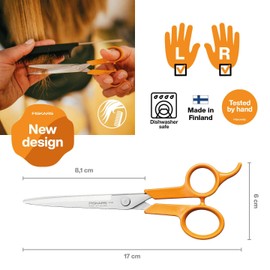 Fiskars Classic Hair Scissors, with Finger Rest, Right- and Left-Handed, Total Length: 17 cm, Improved Handle ergonomics, Quality Steel/Plastic, Orange, 1075062
