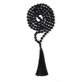 108 Mala Beads 8mm Natural black tourmaline Long Polished-Finish Genuine Semi-Precious Stone Long Crystal Mala Prayer Bead Necklace Or Bracelet for Yoga Meditation Energy Balancing