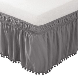 Elegant Comfort 1-Piece Ella Collection Pom-Pom Bed Skirt 16inch Drop, 1500 Thread Count Egyptian Quality, Wrap Around Elastic for Easy Application, Wrinkle Resistant, Twin/Full, Essential Gray