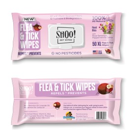 Shoo! Flea & Tick Wipes for Dogs | Convenient, Easy On-The-Go Protection | Plant Based, Natural Oils, Chemical Free | Repels & Prevents | 50 XL Wipes | (Floral Bliss)