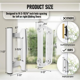 T-HAKEN Sliding Glass Door Handle Set – Aluminum Handle, Mortise/Hook Style, Fits 3-15/16 in. Hole Spacing (White)
