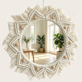 onepeng Boho Wall Decor Mirror Macrame Circle Hanging Mirror for Bedroom Living Room Apartment Entryway Home Decor