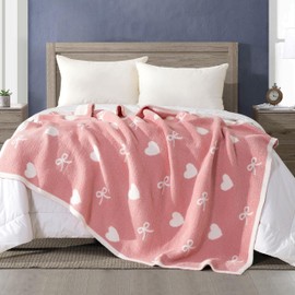 Elegant Comfort Premium Valentine's Day Throw Blanket - Ultra Soft and Lightweight, Luxury Knitted Breathable Pink Hearts Blankets Decor Gifts for Her, 50 x 70 Inch, Hearts and Bows
