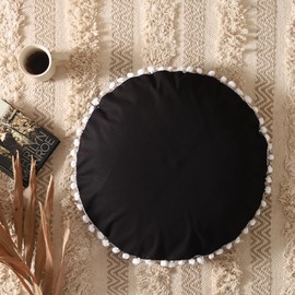 Popular Handicrafts Large Cotton Hippie Floor Pillow Cover - Solid Decorative Cushion Cover with Pom Poms Soft Particles - Pouf Cover Round Bohemian Yoga Decor Floor Cushion Case- 18" Black