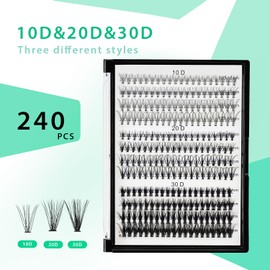 Bodermincer Lash Extension 240pcs D Curl 10D+20D+30D 10-16mm/12-18mm Mixed Cluster Individual Cluster Lashes (10+20+30D -10-12-14-16mm Mixed)
