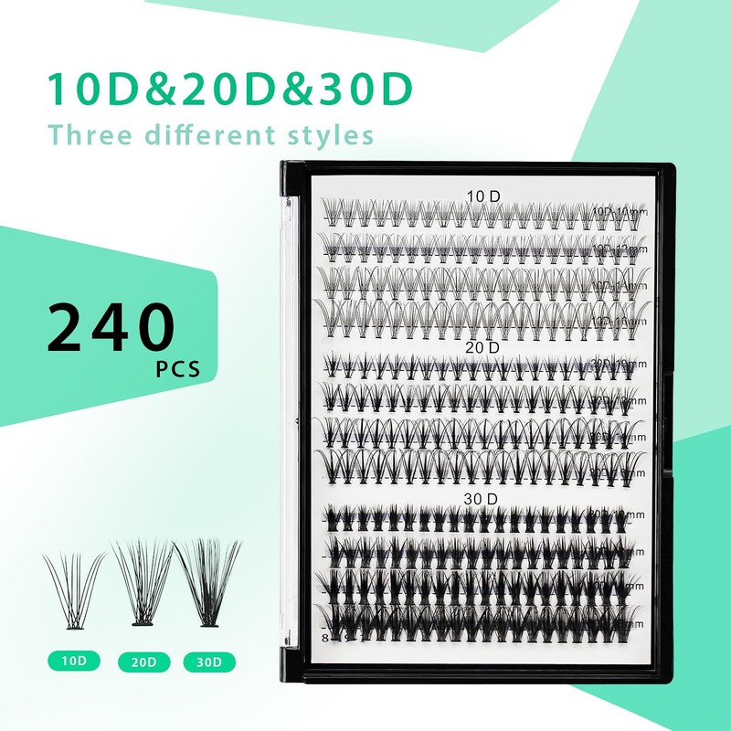 Bodermincer Lash Extension 240pcs D Curl 10D+20D+30D 10-16mm/12-18mm Mixed Cluster