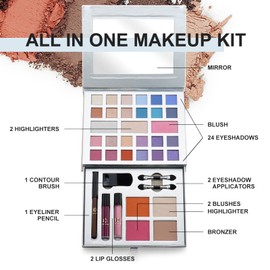 Color Nymph Makeup Kit for Teens, All in One Makeup Kit for Women Included 24 Colors of Matte Shimmer Eyeshadow, Highly Pigmented Lip Glosses, Eyeliner Pencil, Brushes, and Mirror