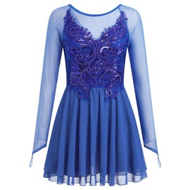 ODASDO Figure Skating Dress for Women Ice Skating Costumes Teenager Girls Mesh Long Sleeve Criss Cross Back Sparkly Sequin Chiffon Skirted Leotard Gymnastics Competition Ballet Dancewear Royal Blue XL