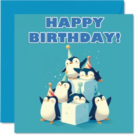 Penguin Birthday Cards for Her Him - Party Animals Pyramid - Happy Birthday Card for Mum Dad Brother Sister Auntie Uncle Cousin Friend Family Colleague 145mm x 145mm Bday Greeting Cards