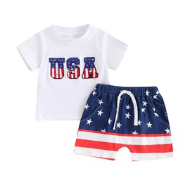 ZyHwShine Baby Boy 4th of July Outfit Stars Stripes USA Short Sleeve T Shirts Shorts Set Fourth of July Toddler Outfit (American Flag-White, 12-18 Months)
