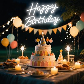 Happy Birthday Neon Signs for Party Decor Dimmable LED Birthday Neon Light for Wall Decor Light Up Happy Led Signs for Backdrop Birthday for Any Ages Bday Celebration, White