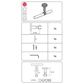 GARDINIA Ceiling support for curtain rod, with metal mounting plate, 1-track, open, including all mounting parts, Chicago series, diameter 20 mm, stainless steel look