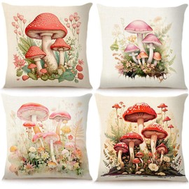 Wasise Mushroom Cushion Cover - 45 X 45CM Mushroom Cushion, Mushroom Pillow Toadstool Cushion, Red Mushroom Print Linen Cushion Covers for Sofa Bed Home Living Room Decor set of 4（No pillow core）