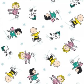 Springs Creative BTHY Peanuts Gangs Snoopy Charlies Lucy Skate White Cotton Fabric By 1/2 Yard