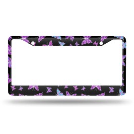 Beabes Blue Purple Butterflies License Plate Frame Black Car Frames, License Plates Holder， Fashion Cute Animal License Plate Aluminum Metal Frames for Women Men Auto Decoration