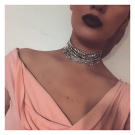 Anglacesmade Bohemia Layered Choker Necklace Shiny Tennis Chain Choker Rhinestone Choker Crystal Necklace Multi Strands Choker for Women and Girls(Silver)