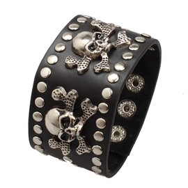 Ultra Skulls and Crossbones Leather Goth Steampunk Bracelet Emo Punk Cyber Wrist Cuff Mens Womens Wristbands Biker Rock Vintage Gothic Style Adult Mens Bracelets Womens Bracelet Wrist Band Cyber Goth