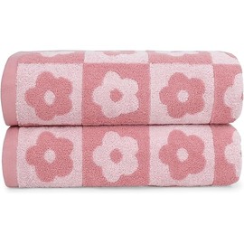Jacquotha 2-Pieces Luxury Bath Towels Checkered Floral, Pink Towels for Women Girls Shower Body 27.5x55 Inches, Cute Decor for Her Wife Daughters Mom, Cotton