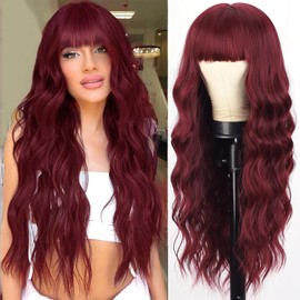 AISI QUEENS Long Wig with Bangs Wine Red Wavy Wigs for Women Synthetic Heat Resistant Fibre Burgundy Wigs for Girls Daily Party Use