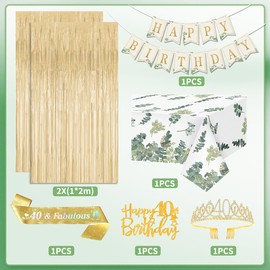 40th Birthday Decorations for Women, Sage Green Happy Banner, Sash, Crown, Tablecloth, Fringe Curtain - 40 Years Old and Fabulous Decor