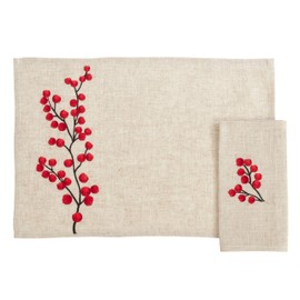 SARO LIFESTYLE Red Collection Embroidered Berry Design Placemat and Napkin Set 8pcs, Natural