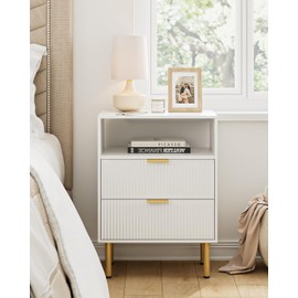 AEPOALUA Night Stand,Tall Bedside Table with 3Storage Drawers,White Nightstand,Bedside Furniture,Side Table with Gold Frame,Drawer Dresser for Bedroom,Living Room (Modern-3drawers, White)