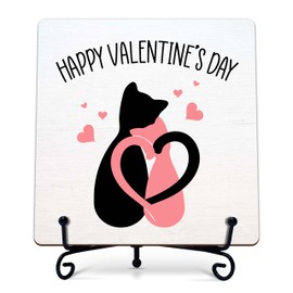 YSTEP Valentine’s Decor, 5x5 Inch Wooden Plaque with Iron Stand, Cat Lover Valentine’s Decorations for Home, Office, and Gift Giving -Happy Valentine's E09
