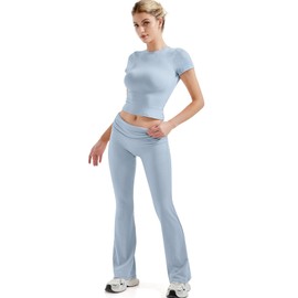 SUUKSESS Women 2 Piece Lounge Sets Going Out Y2K Foldover Pants Crew Neck Fitted Shirts Matching Pajamas (Light Blue, XS)