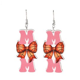 Mother's Day Mom Letter Sports Ball Wooden Dangle Earrings Vintage Handmade Baseball Basketball Volleyball Softball Football Soccer Bowknot Shape Lightweight Wood Earrings for Mom Mama-Basketball