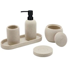 Beige Resin Bathroom Accessory Set, 5 Pcs Bathroom Accessories Set with Lotion Dispenser,Soap Dish,Toothbrush Holder,Vanity Tray,Qtip Holder Dispenser, Modern Bathroom Decor and Housewarming Gift Set