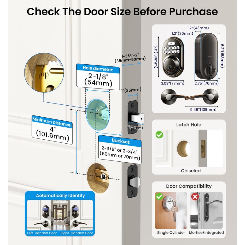 Veise Keyless Entry Door Lock with 2 Lever Handles -