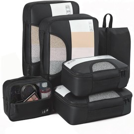 6 Pack Travel Packing Cubes Set, Oxford Fabric Luggage Organisers for Suitcase, Packing Cubes for Backpack, Visible EVA Luggage Organiser Bags, Compartment Packing Storage Bags for Travel/Home-Black