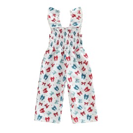Toddler Baby Girls Outfit Ruched Bowknot Print Jumpsuit Sleeveless Romper Overall Pants Summer Clothes 4 of July Outfits (White, 3-4 Years)