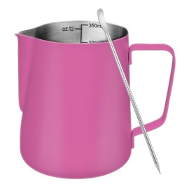 Amrules Milk Frothing Pitcher, 12 oz Milk Frother Cup with Clear Scale, 304 Stainless Steel Cappuccino Espresso Machine Accessories for Barista Coffee Bar with Latte Art Pen, Rose Red