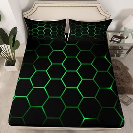 Hexagonal Bedding Sheets 3D Geometric Honeycomb Bed Sheet Set for Kids Boys Girls Luxury Beehive Hexagon Bedding Fitted Sheet Neon Green Black Decor Bed Cover Bedroom Collection 2Pcs Twin Size