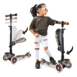Hurtle Kids Scooter - Child Toddler Kick Scooter Toy with Foldable Seat - 3 Wheel Scooter with Adjustable Height, Anti-Slip Deck, Flashing Wheel Lights, for Boys/Girls 1-12 Year Old, Real Tree