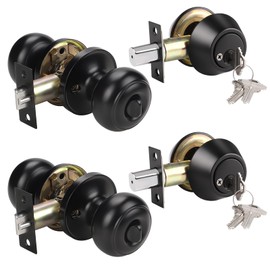 KNOBWELL 2 Pack Entry Door Knob and Double Cylinder Deadbolt Set, Keyed Alike Door Lock Sets, Black Exterior Door Knob with Deadbolt for Office Front Door, Front Door Handle and Deadbolt Set