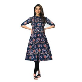 Ladyline Women's 100% Cotton Tunic Top Ethnic Printed Button Down Knee Length Kurti Kurta (CPEK DTJS520) (42/ Blue)