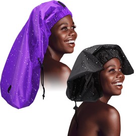 Gorro de Ducha Trenzado Grande Gigante Gorro de Baño Trenzado Ajustable y Plegable Extragrande de Plástico con Bucle de Secado para Trenzas de Pelo Largo y Rizado (Negro, Púrpura)